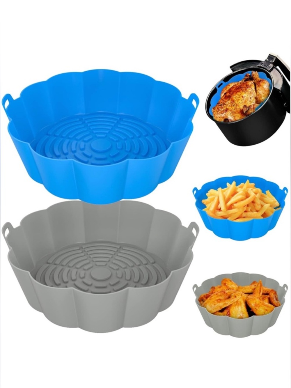 *NIP* 2 PCS Air Fryer Silicone Liners, Reusable Basket/Pot 3 to 5 QT Blue+Grey